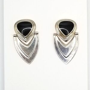Sterling Silver 925 NF Onyx Chevron Style Door Knocker Pierced Earrings